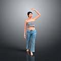 Woman In Striped Strapless Top And Jeans Waving Hand On Gray Background