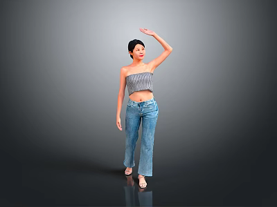 Woman In Striped Strapless Top And Jeans Waving Hand On Gray Background 3d model