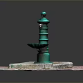 Green Water Fountain On Square Concrete Base With Red Brick Paved Ground And Drainage Grate