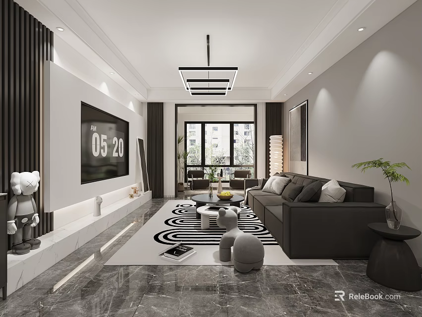 Modern Living Dining Room Interior With Gray Sofa Pillows TV Wall And Geometric Rug 3d model 