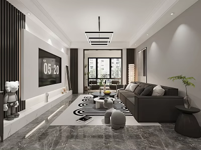 Modern Living Dining Room Interior With Gray Sofa Pillows TV Wall And Geometric Rug 3d model