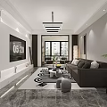Modern Living Dining Room Interior With Gray Sofa Pillows TV Wall And Geometric Rug