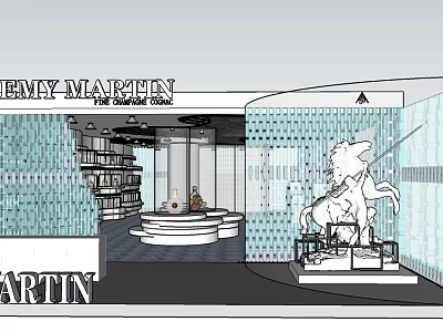 Emily Martin Art Gallery Interior with Bookshelves Round Display Stand and Unicorn Sculpture 3d model