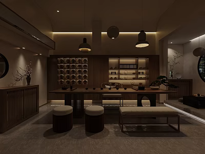 Chinese Style Tea Room Interior With Wooden Table Shelves And Pendant Lights 3d model