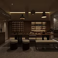 Chinese Style Tea Room Interior With Wooden Table Shelves And Pendant Lights