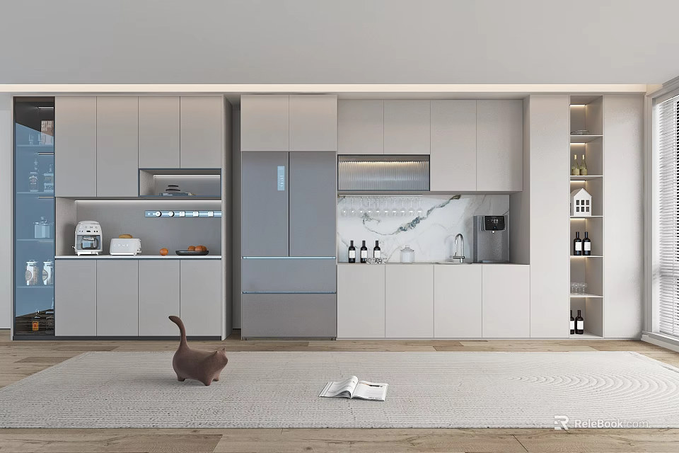 Modern Sideboard in Open Concept Kitchen with White Cabinets and Storage Space 3d model