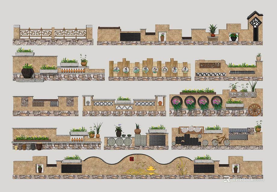 Varied Landscape Wall Designs Featuring Stone Structures Green Plants And Decorative Patterns 3d model