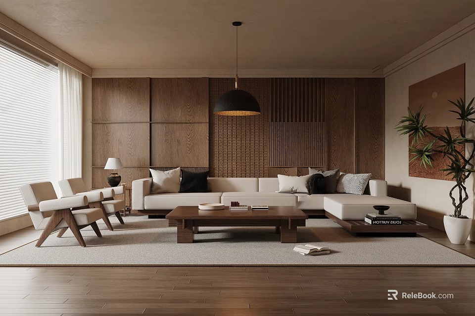 Cozy Modern Living Room Interior With Natural Wood Panels And Comfortable Large Sectional Sofa 3d model 