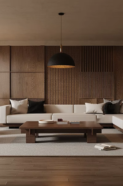Cozy Modern Living Room Interior With Natural Wood Panels And Comfortable Large Sectional Sofa 3d model