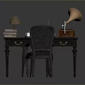 Vintage Wooden Desk With Leather Chair Table Lamp Books Open Notebook Coffee Cups And Gramophone