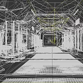 Sci Fi Industrial Corridor With Geometric Ceiling Grid Floor Equipment Lockers And Illuminated Opening