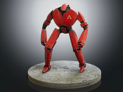Red Robot Figure Standing On Circular Concrete Base With Detailed Mechanical Design 3d model