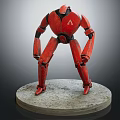 Red Robot Figure Standing On Circular Concrete Base With Detailed Mechanical Design 3d model