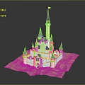 Decorative White Castle Model With Purple Spires Blue Flag On Sandy Base