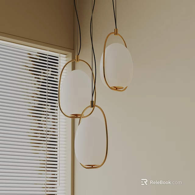 Modern Pendant Lights With Golden Frames And White Shades Near Window Blinds 3d model 