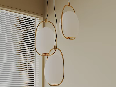 Modern Pendant Lights With Golden Frames And White Shades Near Window Blinds 3d model