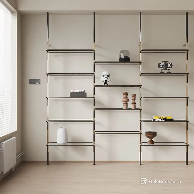 Modern Home Interior With Multi Tier Metal Frame Open Shelving Unit And Decorative Objects 3d model 