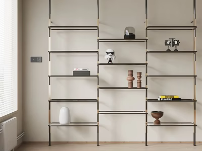 Modern Home Interior With Multi Tier Metal Frame Open Shelving Unit And Decorative Objects 3d model