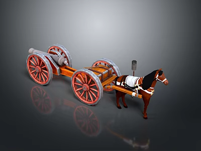 Vintage Horse Drawn Carriage With Brown Horse Red Wheels Orange Frame And White Details 3d model