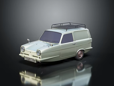 Classic Small Silver Van Featuring Roof Rack Retro Design And Shiny Reflection On Dark Surface 3d model