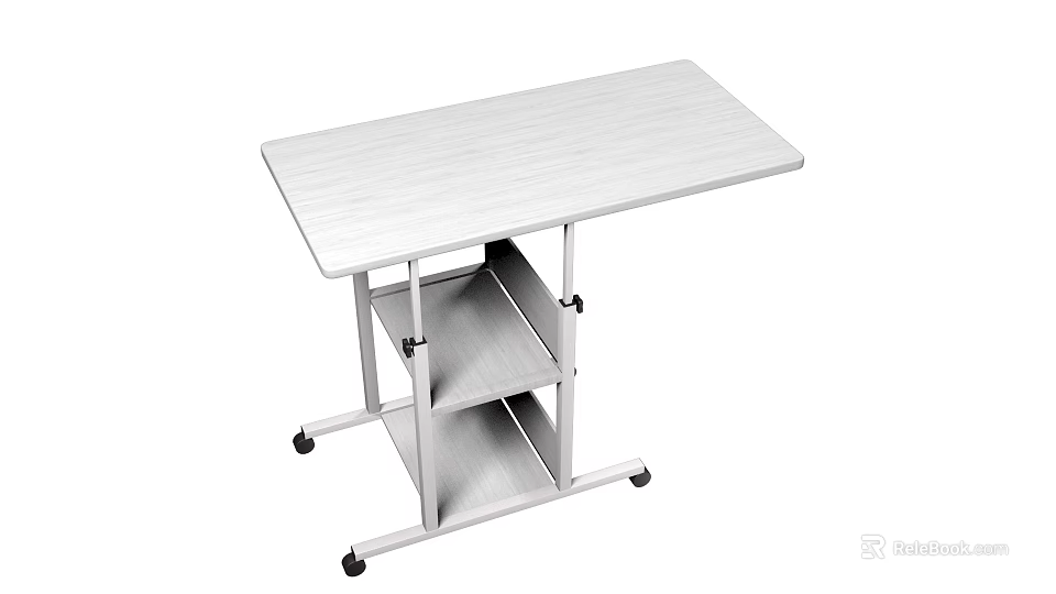 Modern Simple Desk Design With Metal Frame Wheels And Lower Shelves 3d model 