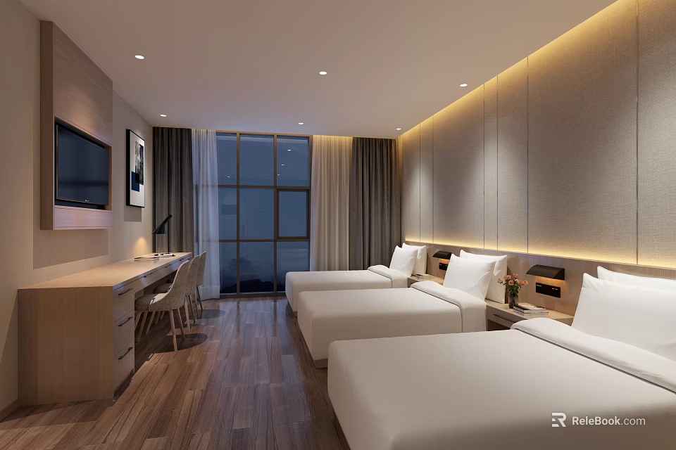Modern Hotel Room Featuring Twin Beds Wooden Flooring Desk Wall Lighting And Large Window 3d model 