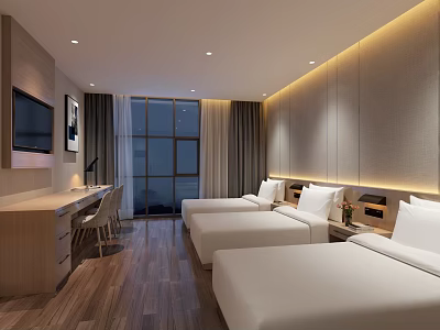 Modern Hotel Room Featuring Twin Beds Wooden Flooring Desk Wall Lighting And Large Window 3d model