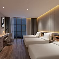 Modern Hotel Room Featuring Twin Beds Wooden Flooring Desk Wall Lighting And Large Window