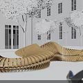 Wooden Curved Landscape Seating in Modern Building Courtyard with Trees and Street Lamps