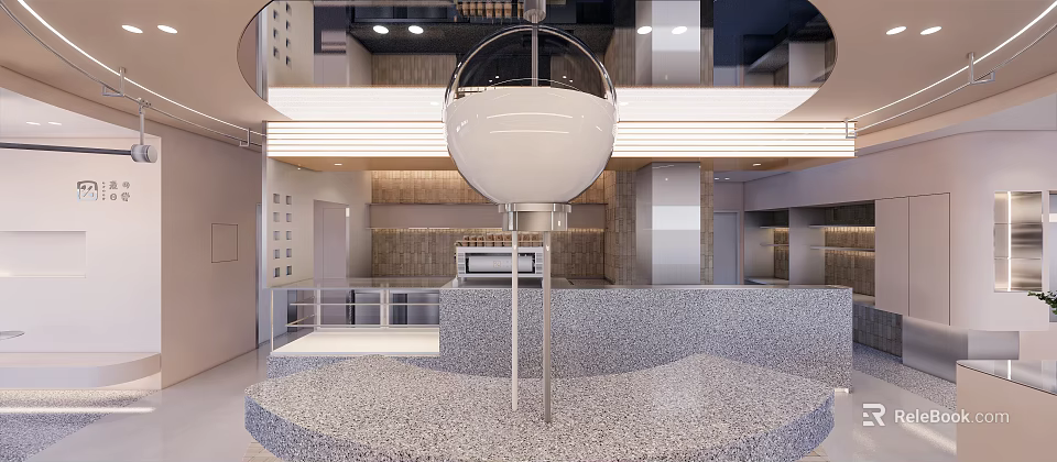 Modern Dessert Shop With Round Transparent Sphere Installation Open Space Marble Counter And Wooden Wall 3d model 