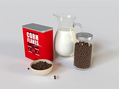 Practical Kitchenware with Red Corn Flakes Box Glass Milk Jug and Cereal Jars 3d model