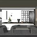 Modern Tea Room Interior Design With Open Layout Tea Table And Display Shelves 3d model
