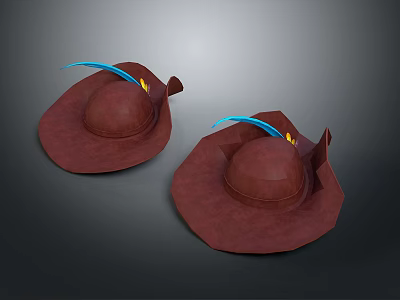 Stylish Brown Wide Brim Hats With Blue Feathers For Daily Life Accessories 3d model