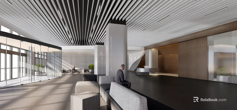 Modern Lobby Front Desk Reception With Sofas Columns Wooden Walls And Seated Person 3d model 