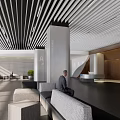 Modern Lobby Front Desk Reception With Sofas Columns Wooden Walls And Seated Person