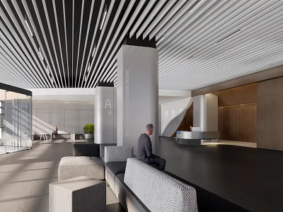 Modern Lobby Front Desk Reception With Sofas Columns Wooden Walls And Seated Person 3d model