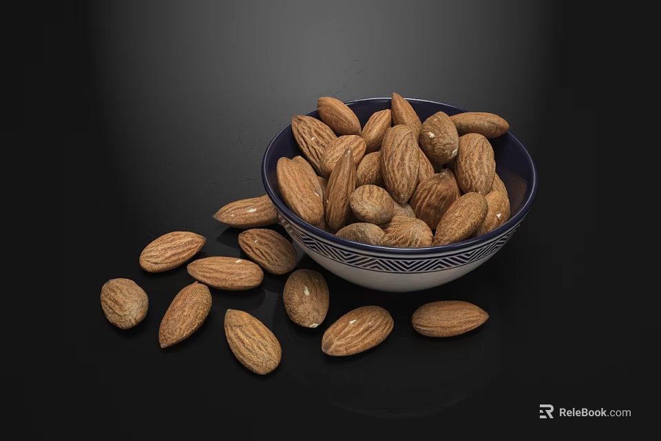 Fresh Almonds in Blue and White Bowl with Scattered Nuts on Black Background 3d model 
