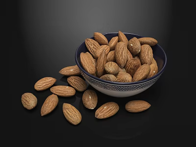 Fresh Almonds in Blue and White Bowl with Scattered Nuts on Black Background 3d model