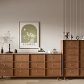 Wooden TV Stand with Multiple Drawers Decorative Flower Painting Potted Plant and Small Decor Items