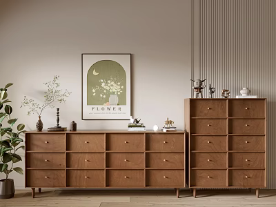 Wooden TV Stand with Multiple Drawers Decorative Flower Painting Potted Plant and Small Decor Items 3d model