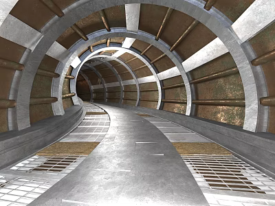 Tunnel Structure With Circular Vaulted Design Concrete Supporting Beams And Grated Floor 3d model