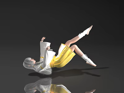 Anime Character Lying on Ground With Silver Gray Hair White Top Yellow Skirt and Reflection 3d model