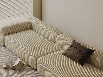 Light Beige Striped Three Seater Sofa With Brown Cushion Open Book And Window Blinds 3d model