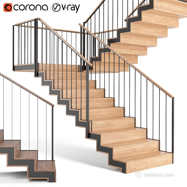 Modern Wooden Staircase With Black Metal Railings And Steps Design 3d model 
