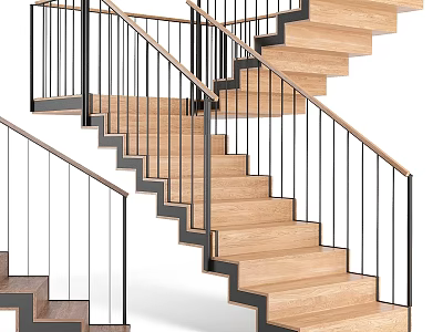 Modern Wooden Staircase With Black Metal Railings And Steps Design 3d model