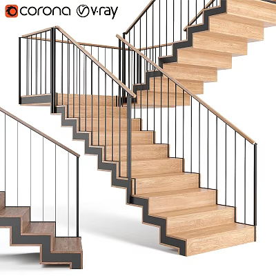 Modern Wooden Staircase With Black Metal Railings And Steps Design 3d model