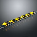 Row of Yellow Bumper Cars on Track Amusement Ride Equipment