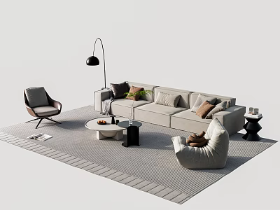 Modern Living Room Sofa Coffee Table Set With Floor Lamp Armchair And Throw Pillows 3d model