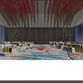 Elegant Banquet Hall Interior With Red Ceiling Lights White Chairs And Colorful Patterned Carpet