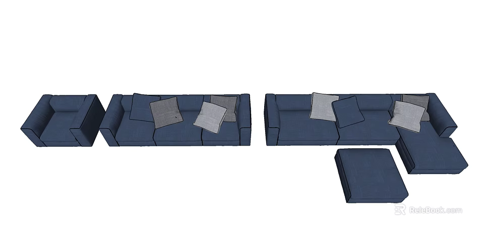 Modern Navy Blue Modular Sofa Set With Gray Pillows And Ottoman Sections 3d model